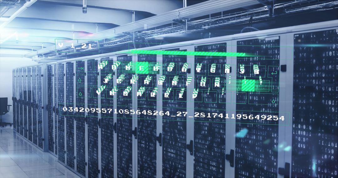 Data Analysis Over Digital Server Room with Futuristic Interface
