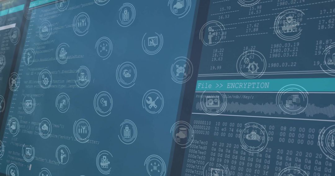 Digital interface with data processing and business icons overlay