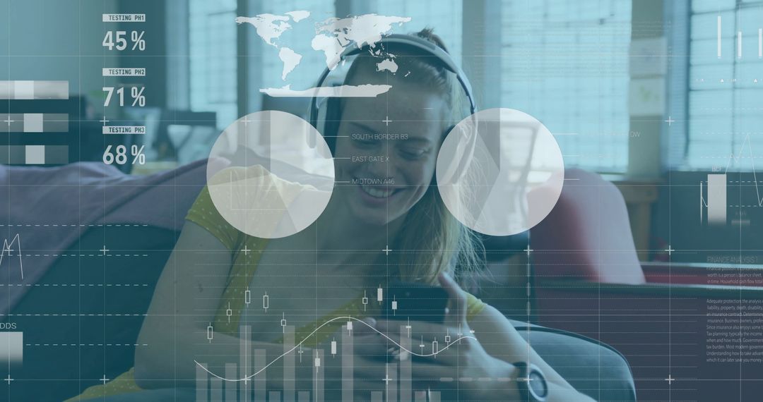 Woman Engaging with Technology at Home with Data Overlay