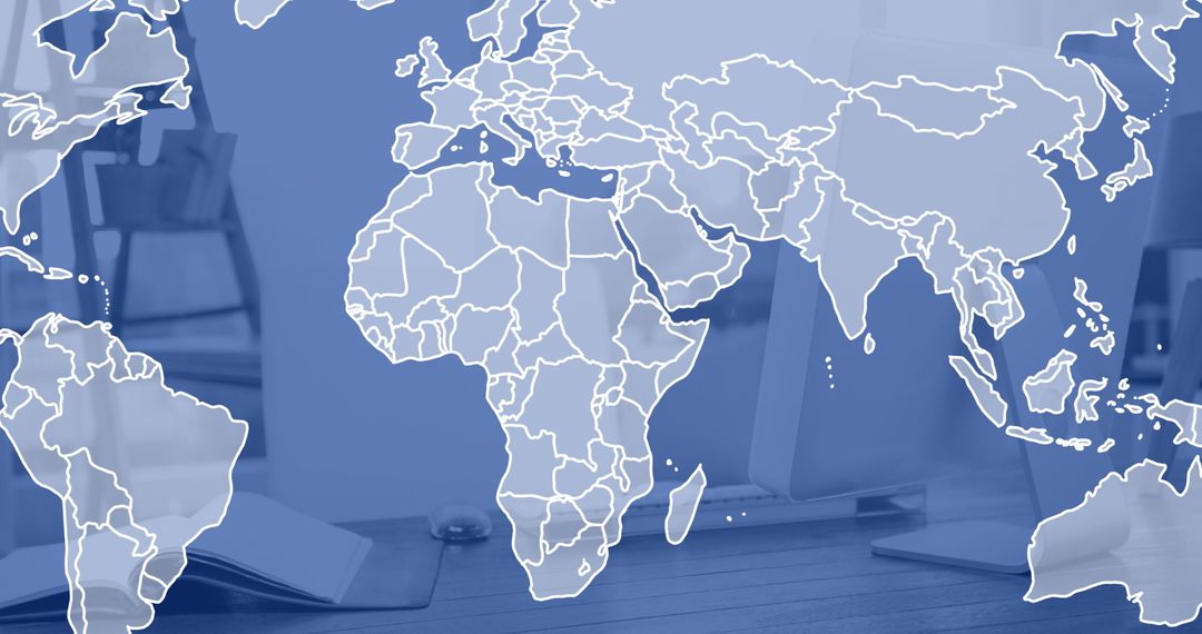 World Map Overlay on Modern Office Desk