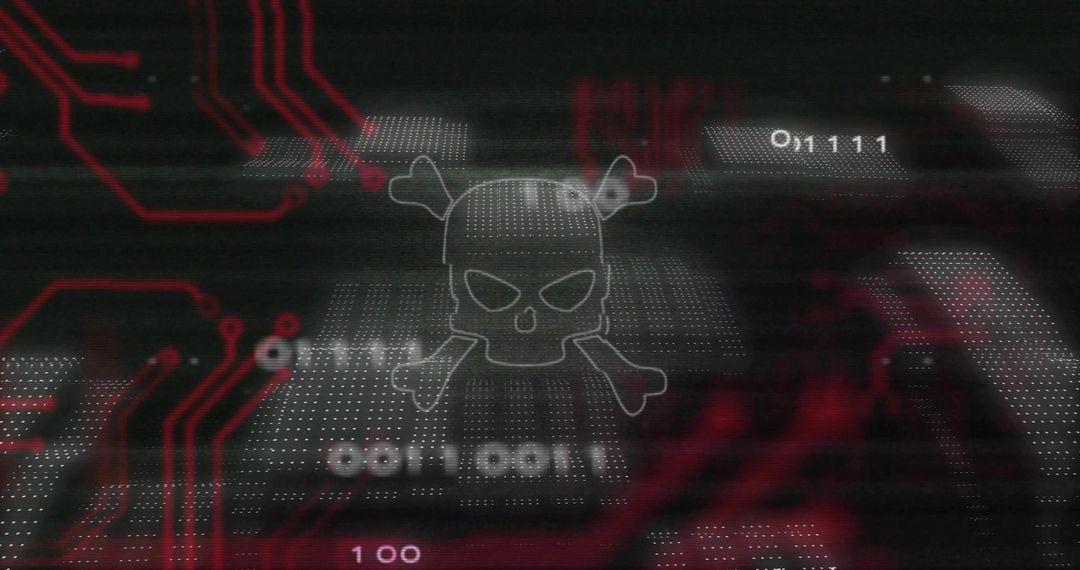 Holographic skull and crossbones hovering over glitch cyber grid with red PCB traces