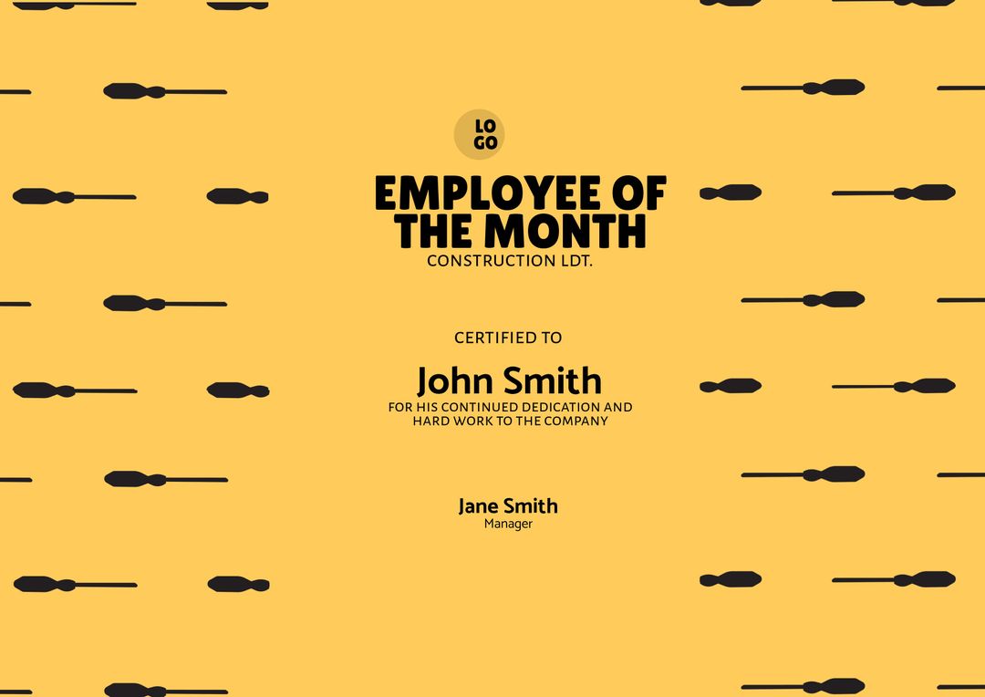 Employee of the Month Certificate Template on Yellow Background - Download Free Stock Templates Pikwizard.com