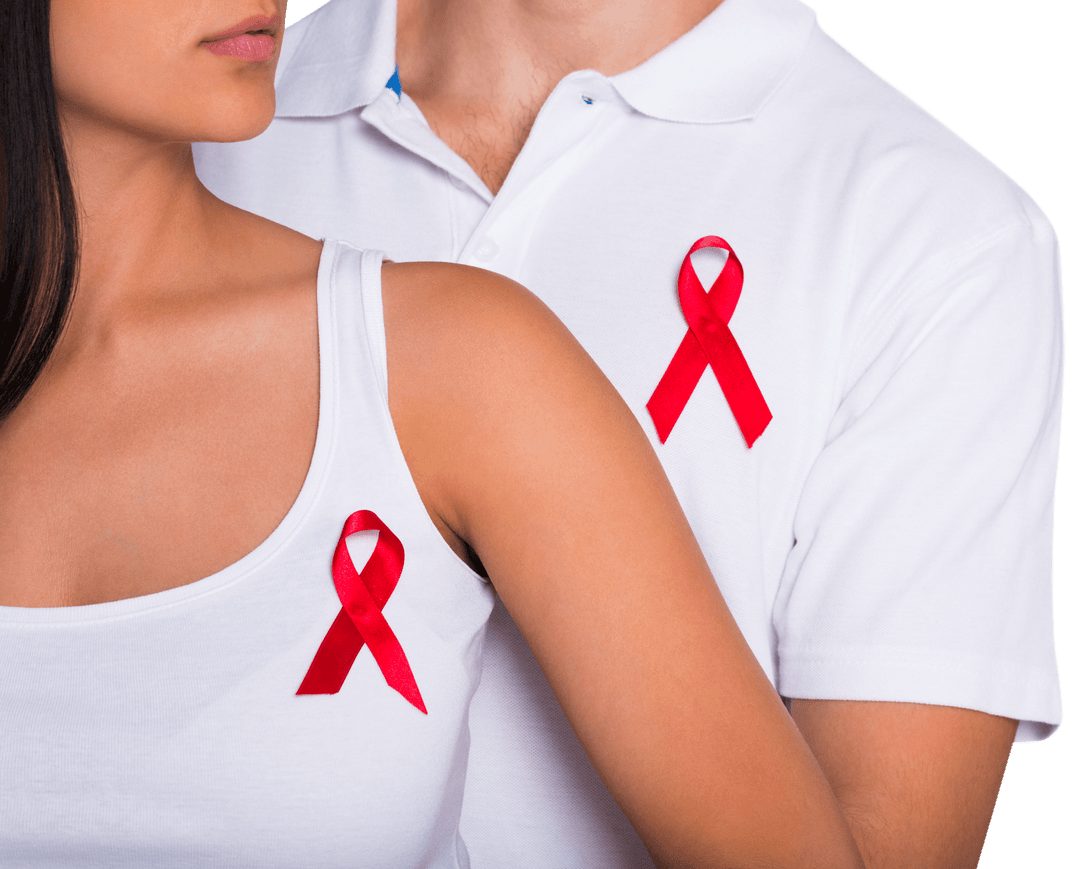 Couple Displaying Red Ribbons for AIDS Awareness Transparency