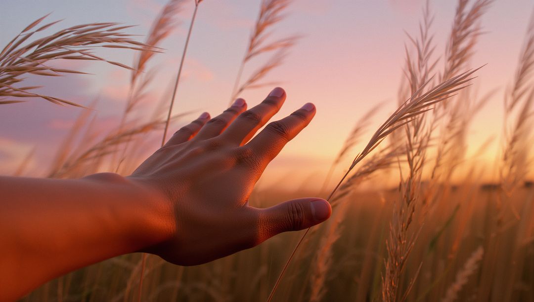 Hand Touching Tall Grasses in Tranquil Sunset Field