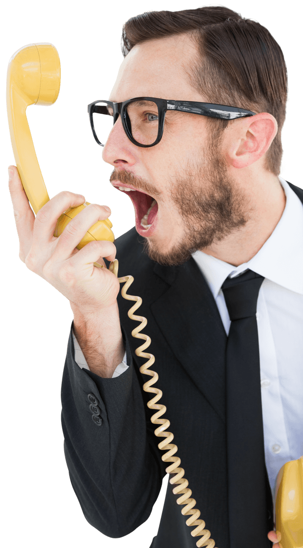 Frustrated Businessman Shouting at Yellow Phone on Transparent Background
