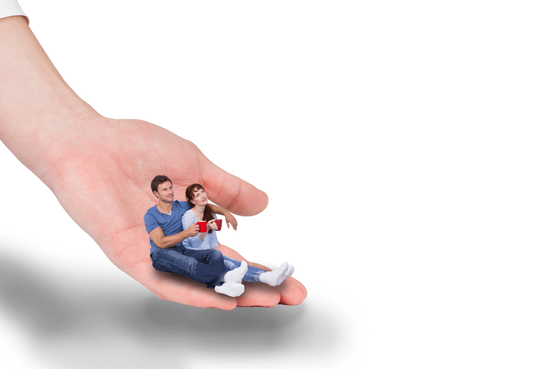 Giant Hand Holding Tiny Caucasian Couple on Transparent Background