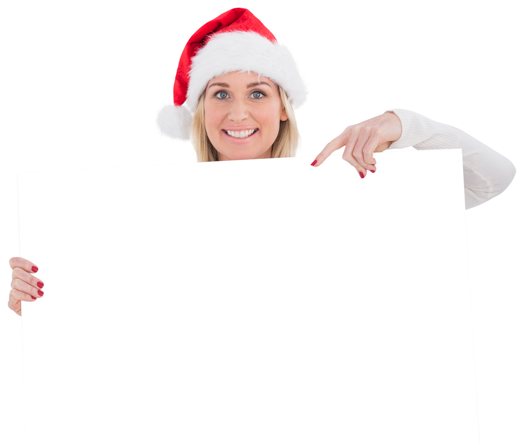 Smiling Blonde Woman With Santa Hat Holding Transparent Blank White Poster - Download Free Stock Images Pikwizard.com