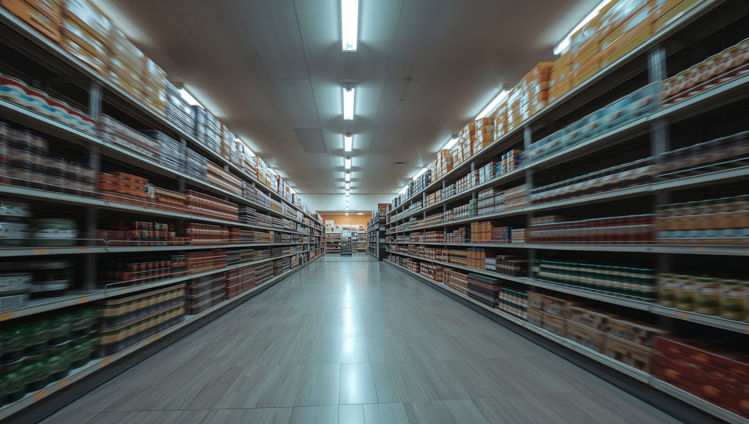 Empty Supermarket Aisle with Shelves and Modern Lighting