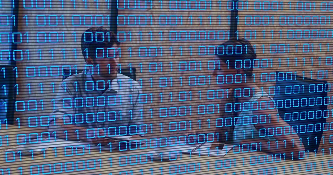 Business Meeting Concept with Binary Code Overlay