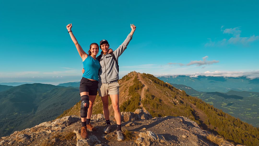 Ecstatic Hiker Couple Triumphs at Stunning Mountain Summit