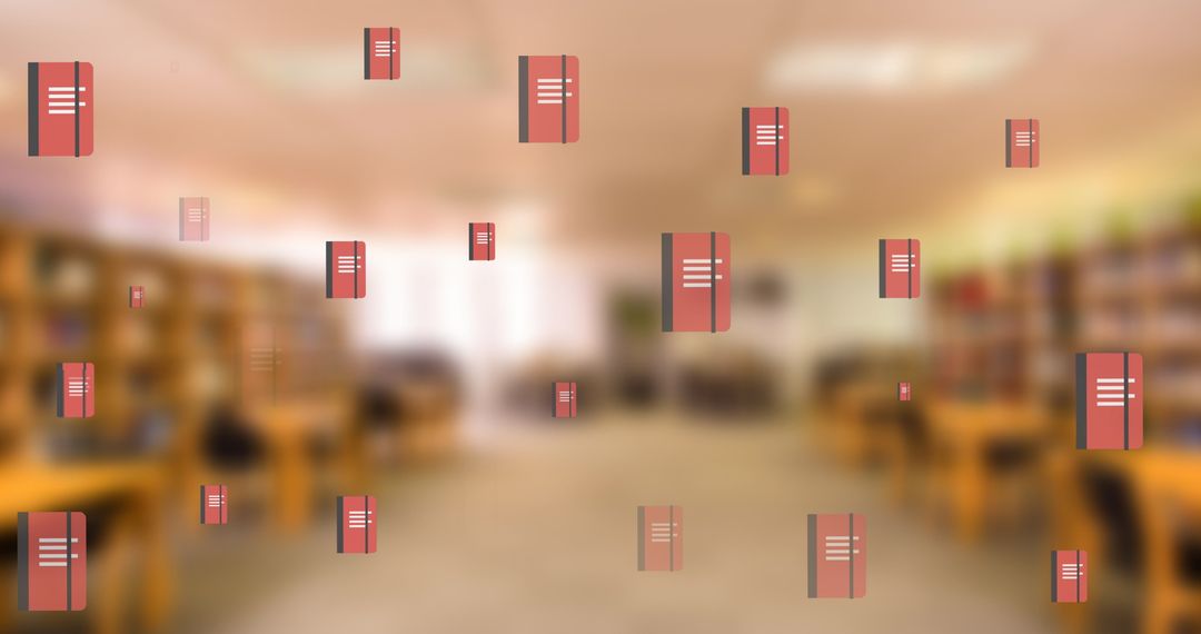 Blurred Library Interior with Floating Book Icons