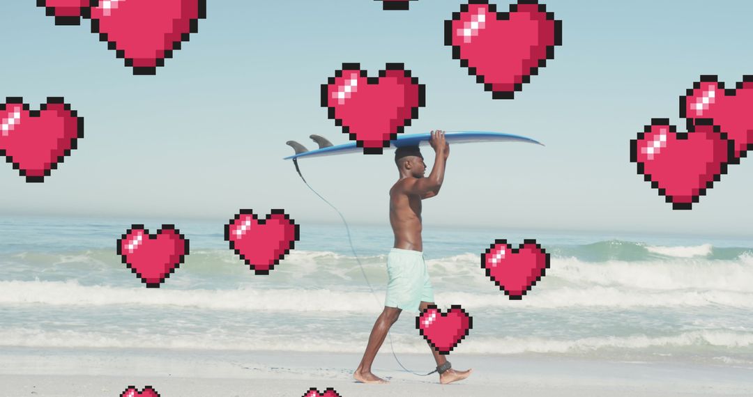 Surfer with Surfboard Amidst Pixel Heart Overlay at Beach