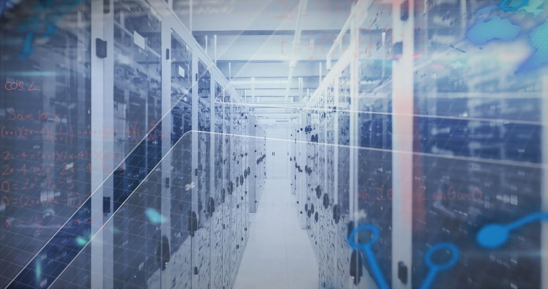 Futuristic Data Center with Digital Elements Overlay