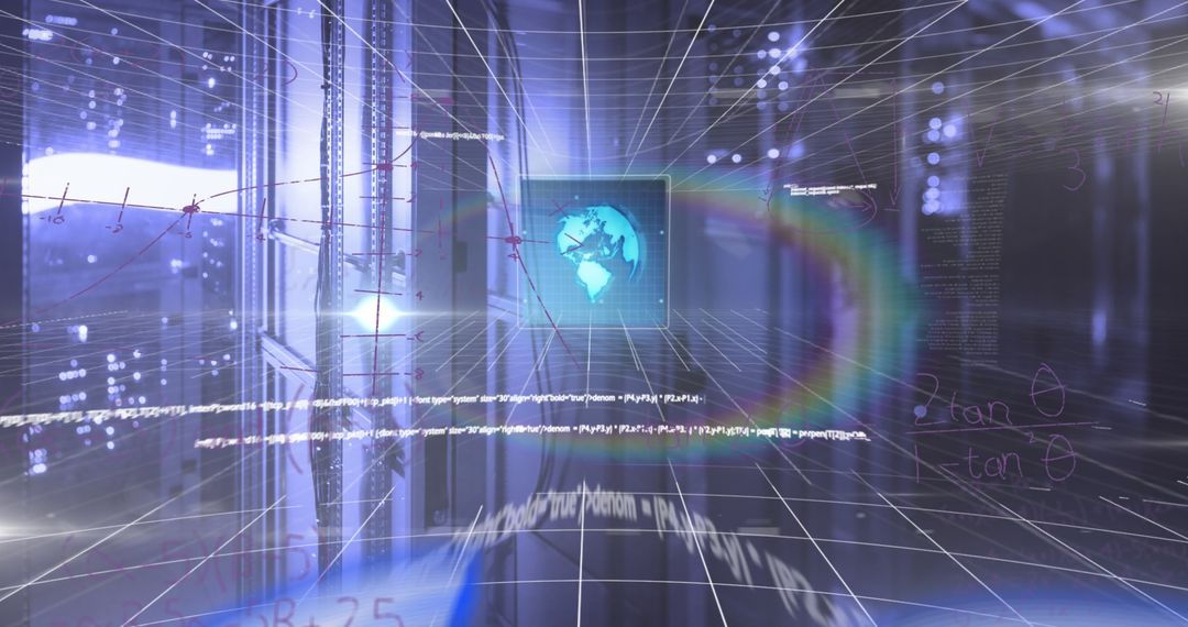 Data Processing and Mathematical Equations in Futuristic Server Room