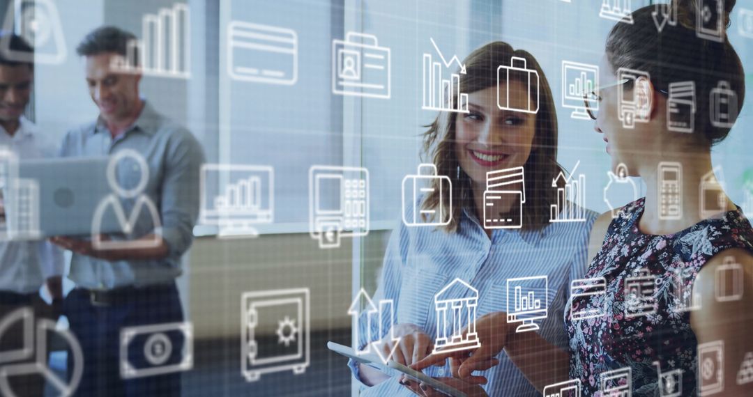 Creative Business Team Analyzing Digital Data on Transparent Glass