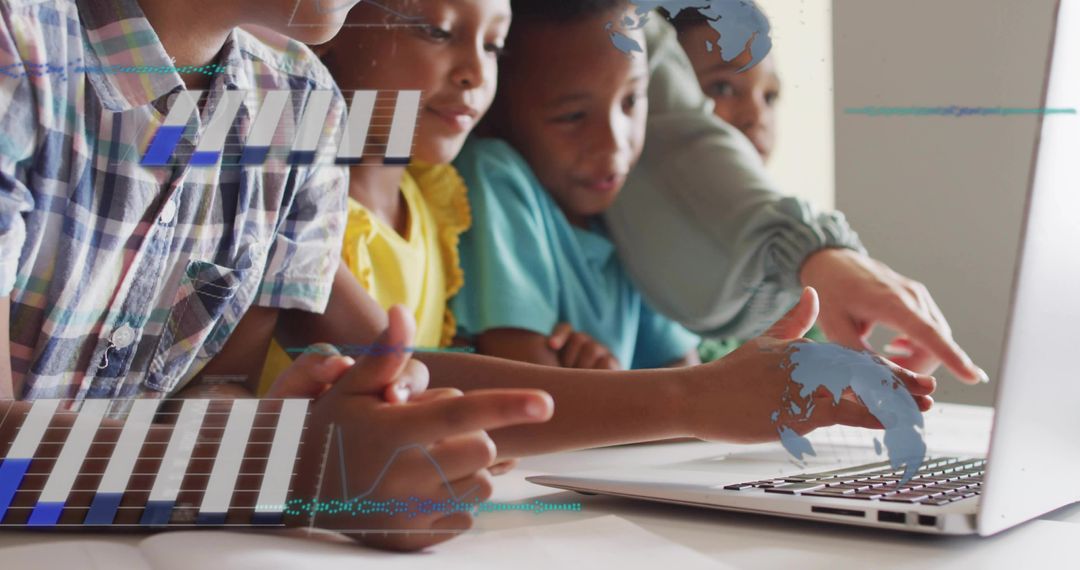 Teacher guiding children on laptop with digital overlays for classroom STEM and collaboration