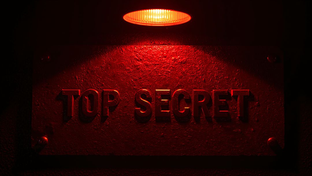 Glowing Red TOP SECRET Metal Plaque Under Overhead Lamp Dramatic Security Sign