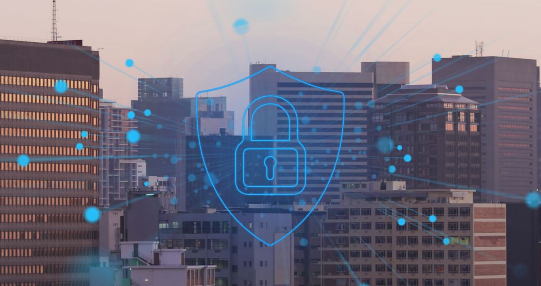 Digital Padlock Overlaying Urban Skyline Symbolizes Cybersecurity