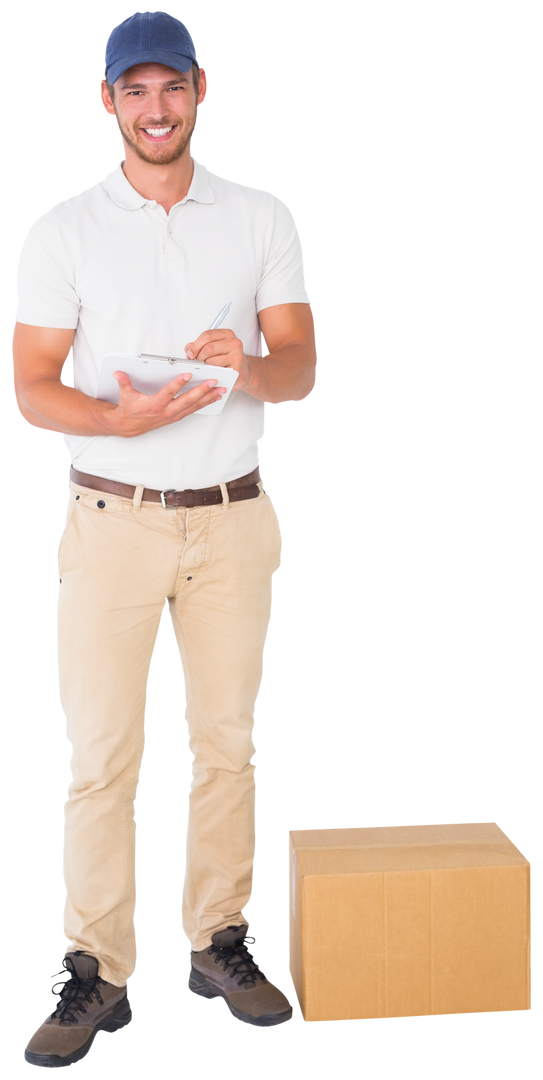 Transparent Smiling Delivery Man with Clipboard and Cardboard Box - Download Free Stock Images Pikwizard.com