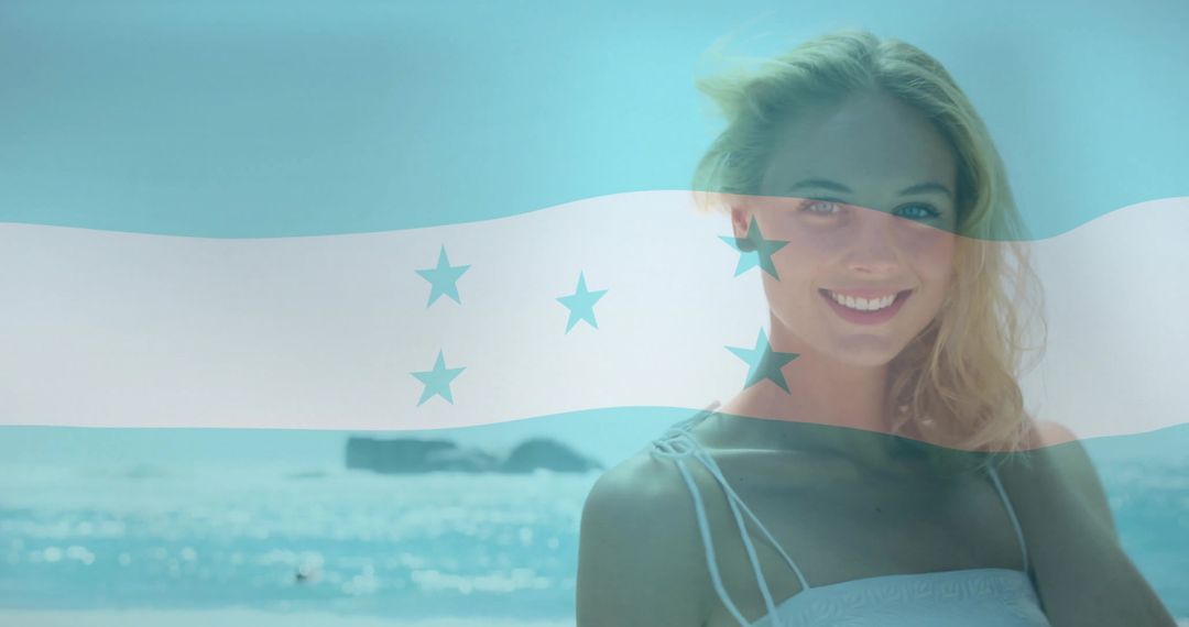Bright Seaside Joy with Flag Overlay Enhancing Cultural Pride