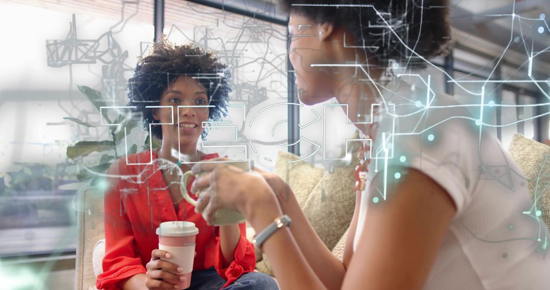 Two Women Chatting Over Coffee in Modern Cafe Showing Augmented Reality Overlay Cozy Ambience