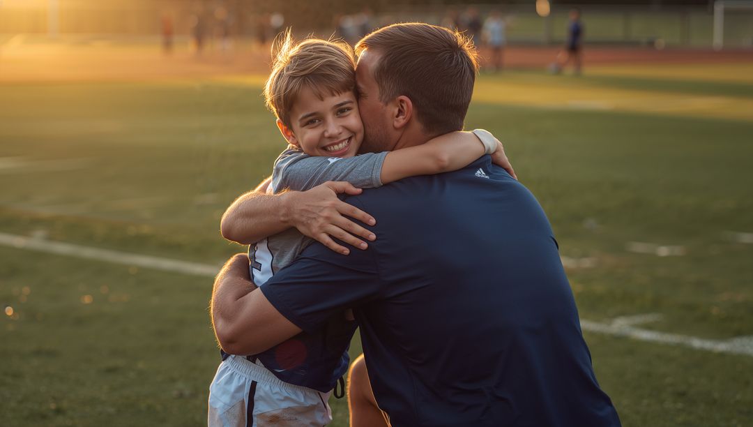 Father Hugging Son on Soccer Field During Sunset