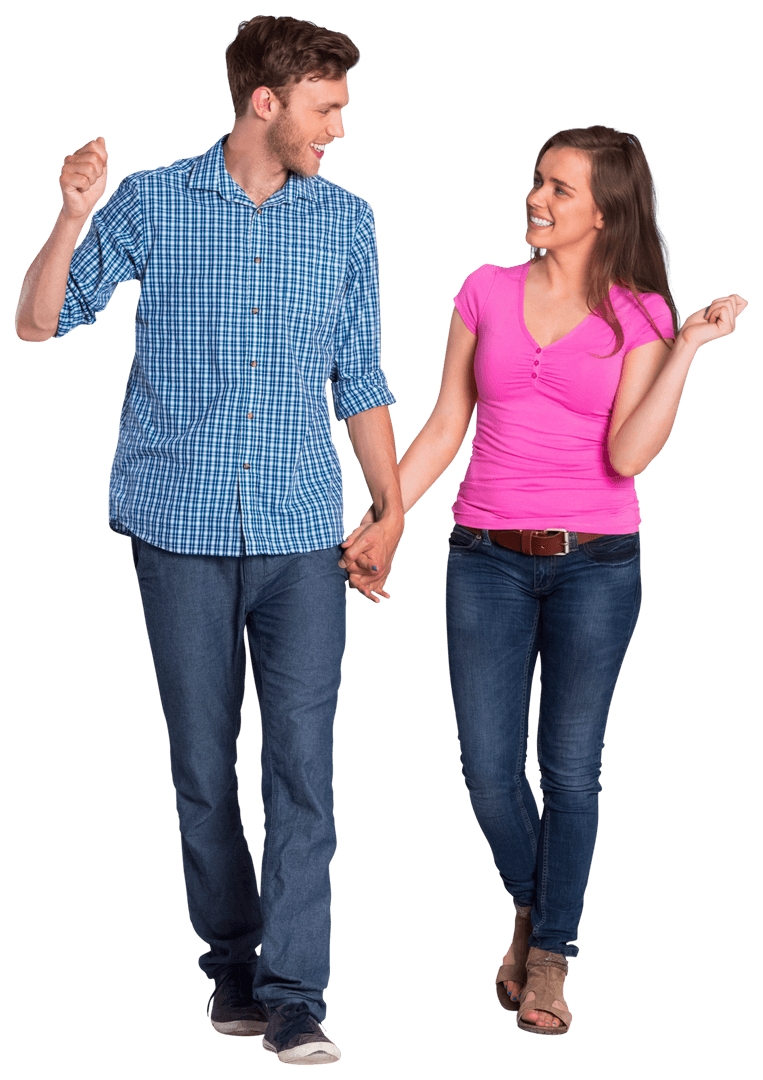 Transparent Couple Joyfully Walking Hand in Hand Smiling