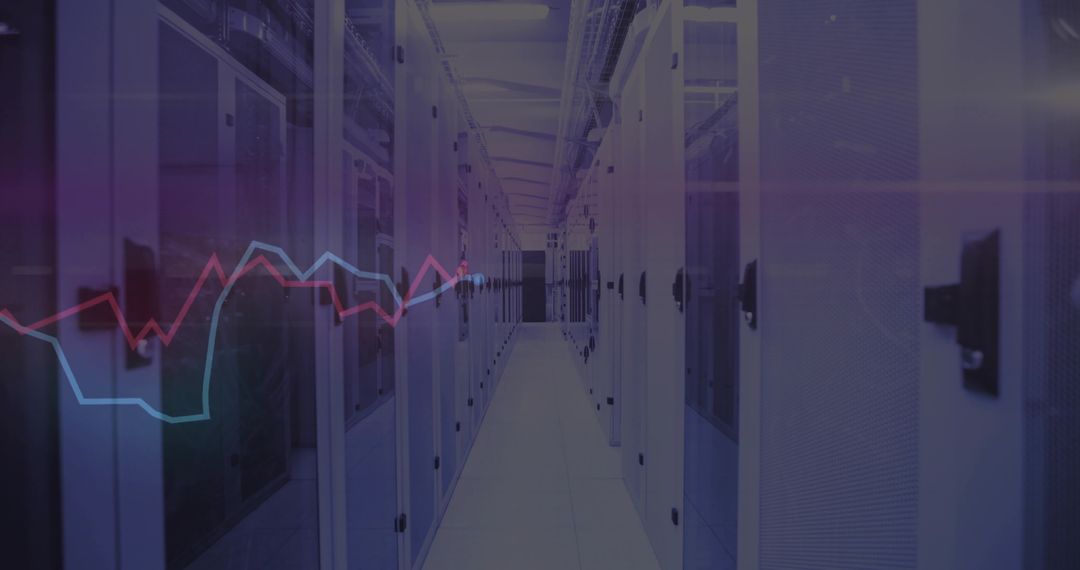 Modern Data Center Corridor with Overlayed Line Graph