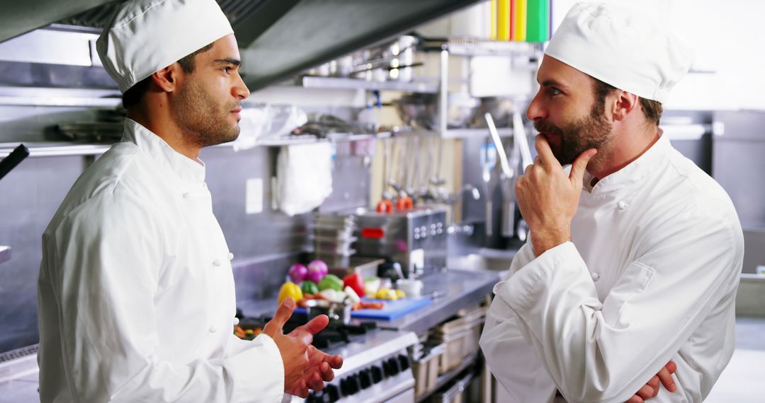 Chefs Discussing Dish Preparations in Professional Kitchen - Free Images, Stock Photos and Pictures on Pikwizard.com