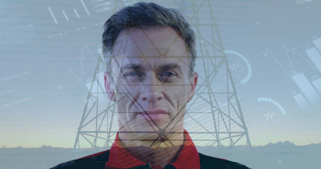 Senior Man with Data Graphics and Network Tower