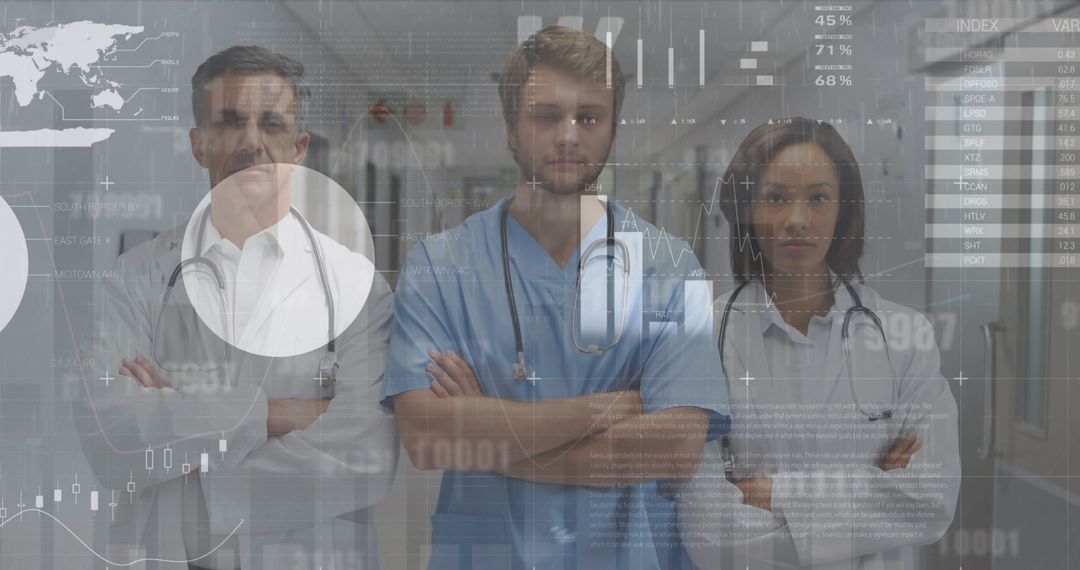 Multiracial Medical Team in Front of Futuristic Data Interface