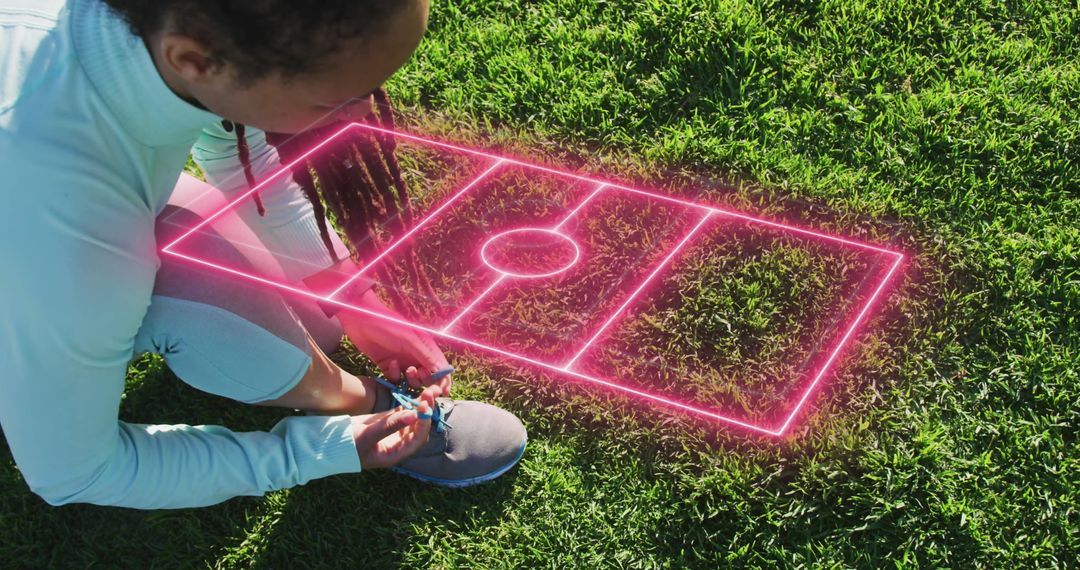 Athlete Tying Shoelaces with Neon Soccer Field Representation