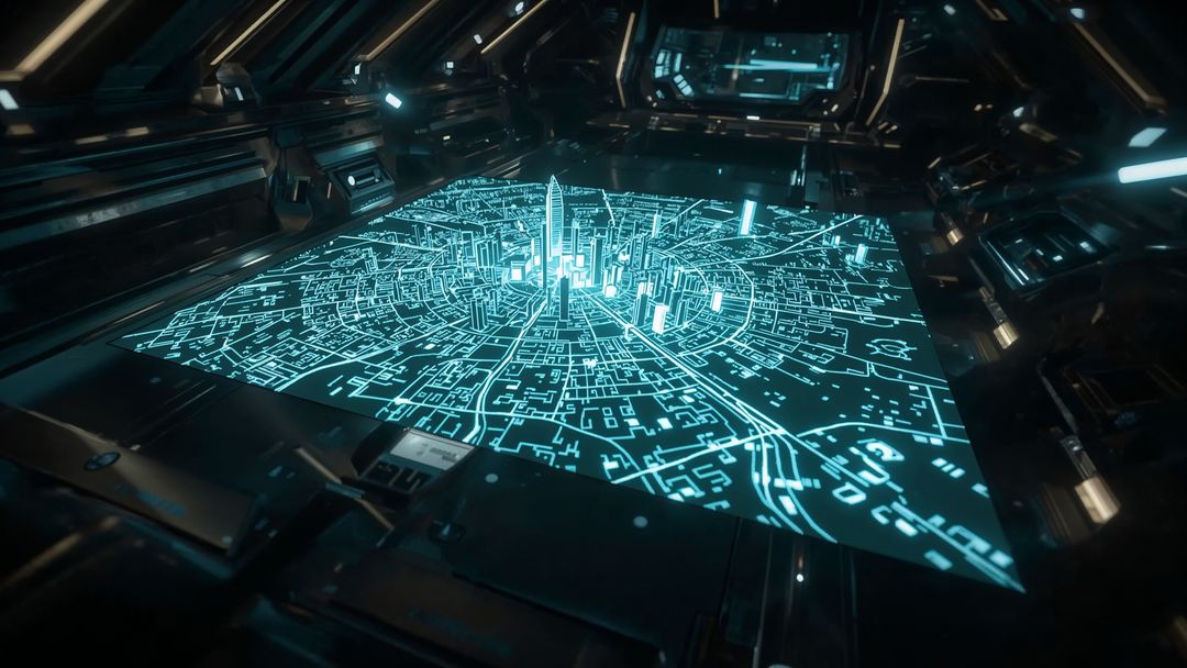 Holographic City Model on Futuristic Console in High-Tech Space