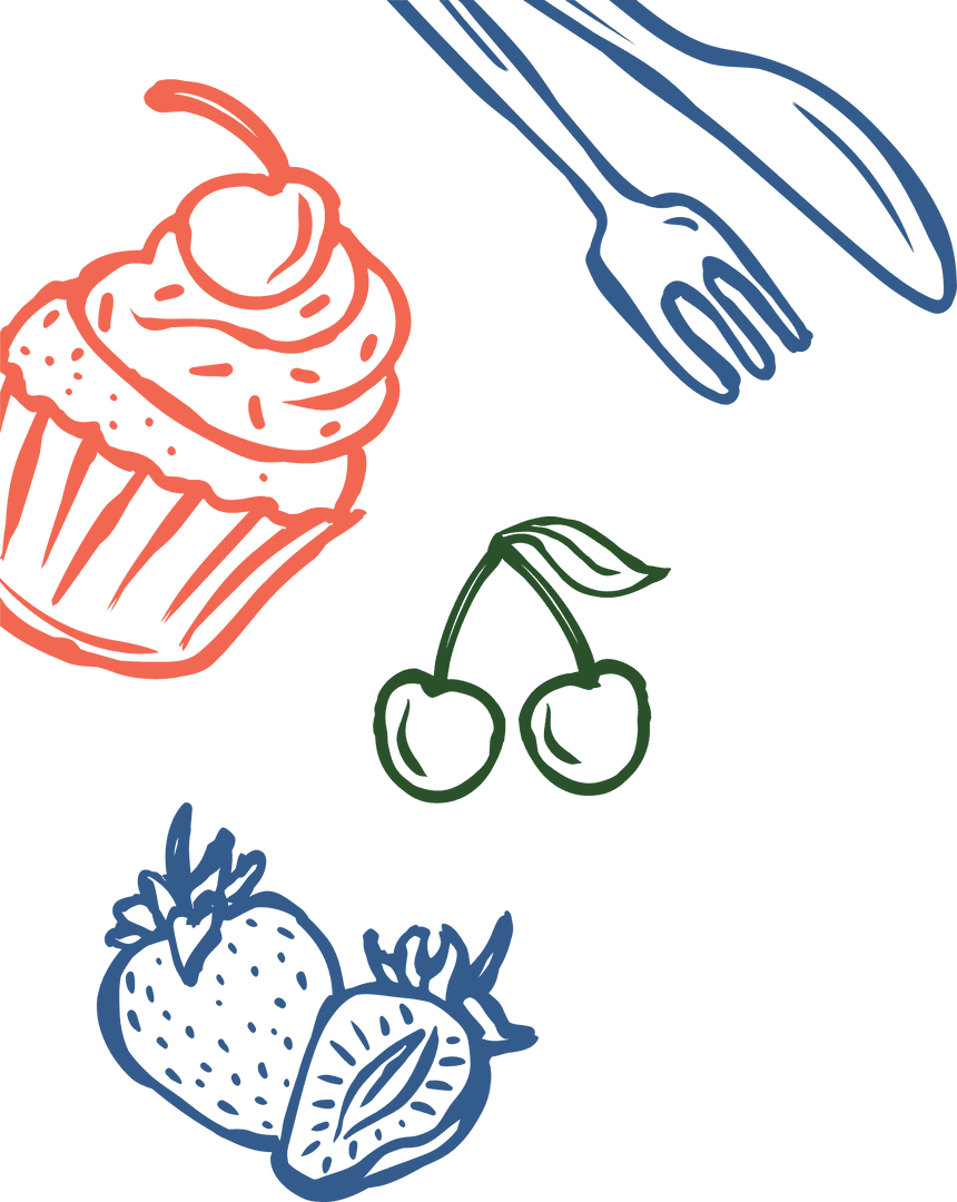 Playful Transparent Dessert Line Art with Fruits and Utensils