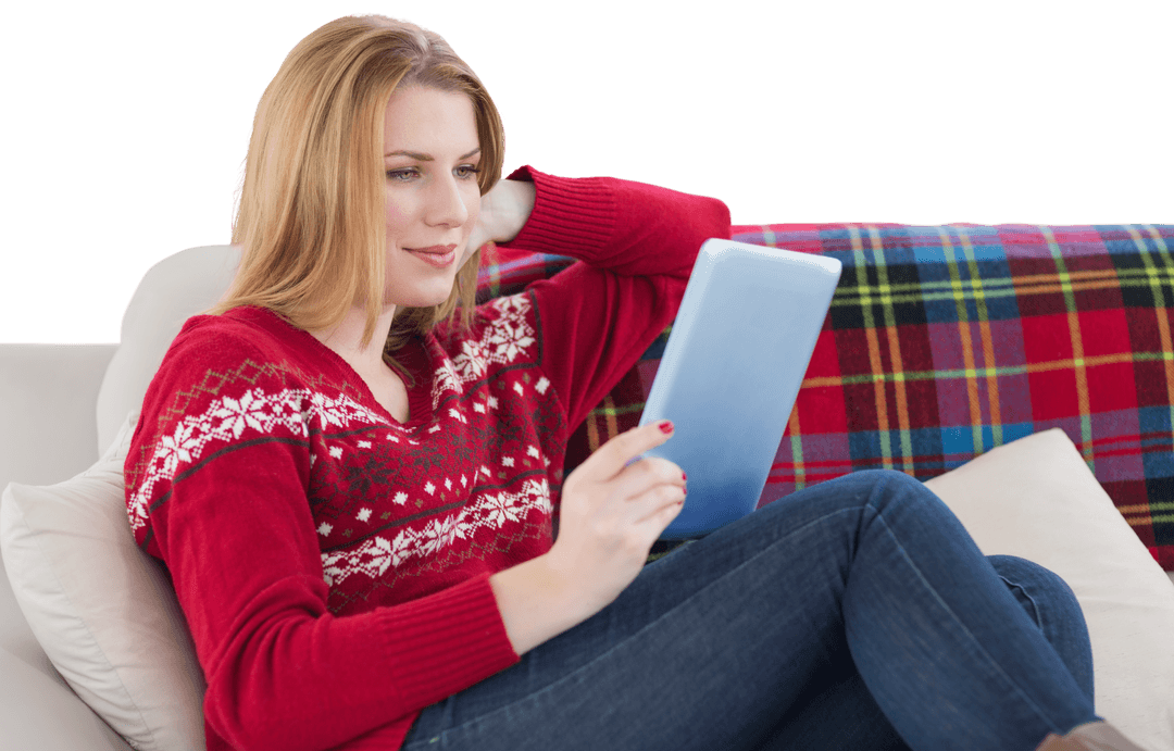 Relaxed Caucasian Woman Using Tablet on Transparent Background