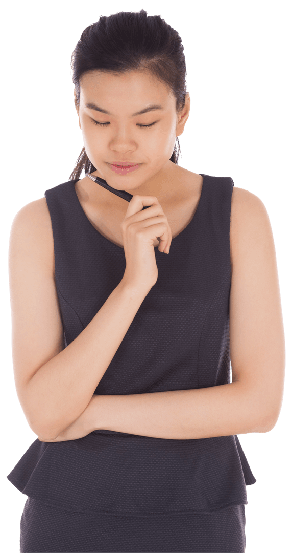Contemplative Asian Businesswoman on Transparent Background