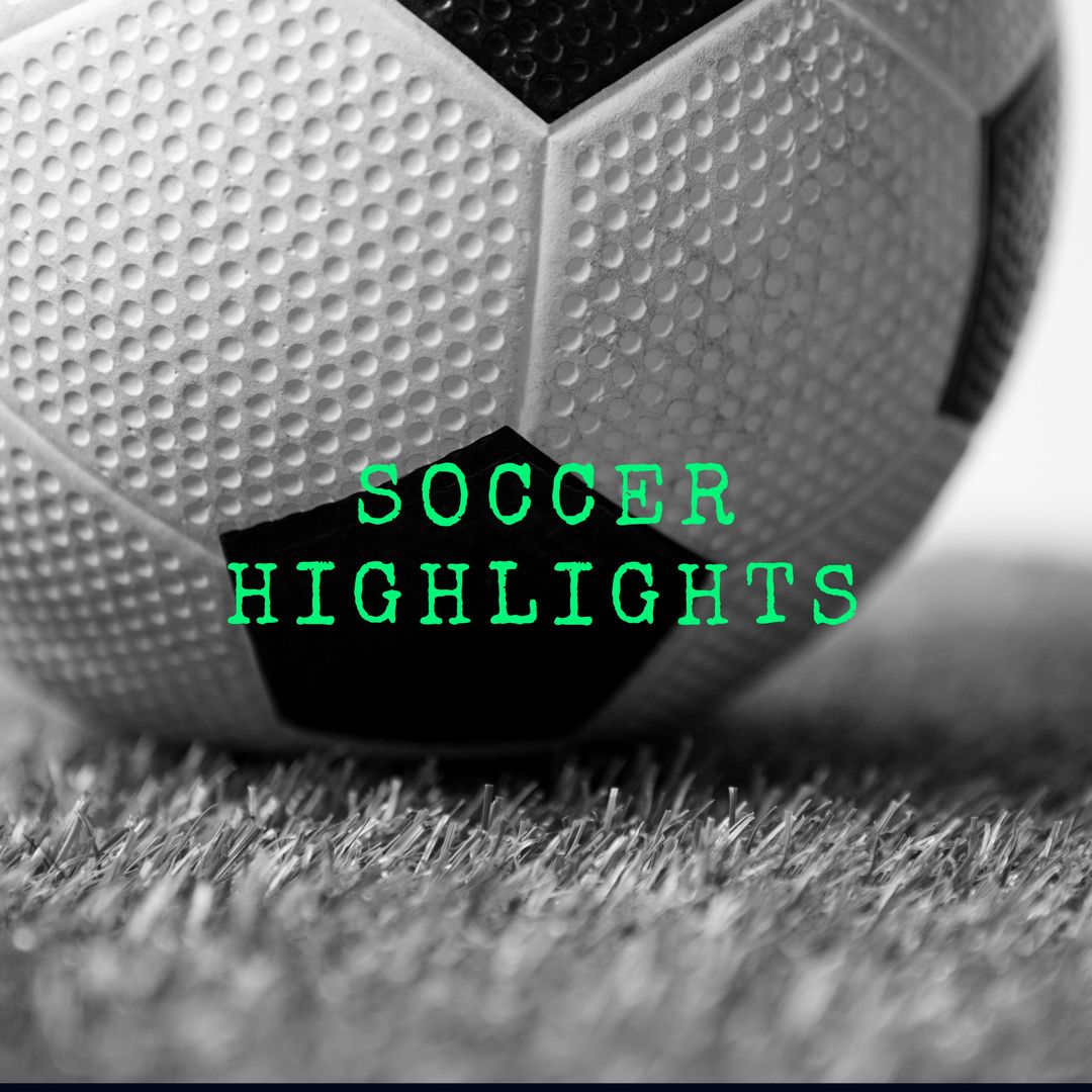 Composition of soccer highlights text over black and white football on grass pitch background - Download Free Stock Templates Pikwizard.com