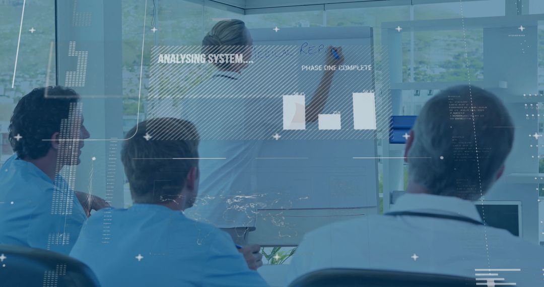 Doctors Discussing Healthcare Innovation with Digital Data Interface