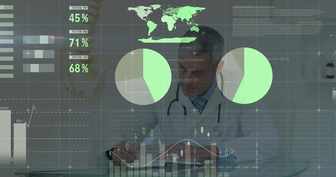 Physician writing while analyzing digital medical analytics dashboard with charts and world map HUD