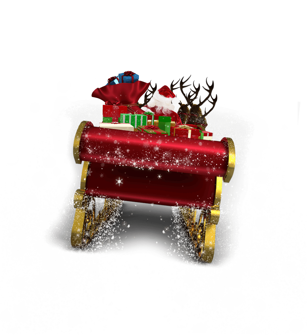 Santa Claus Riding Sleigh on Transparent Background with Presents and Reindeers