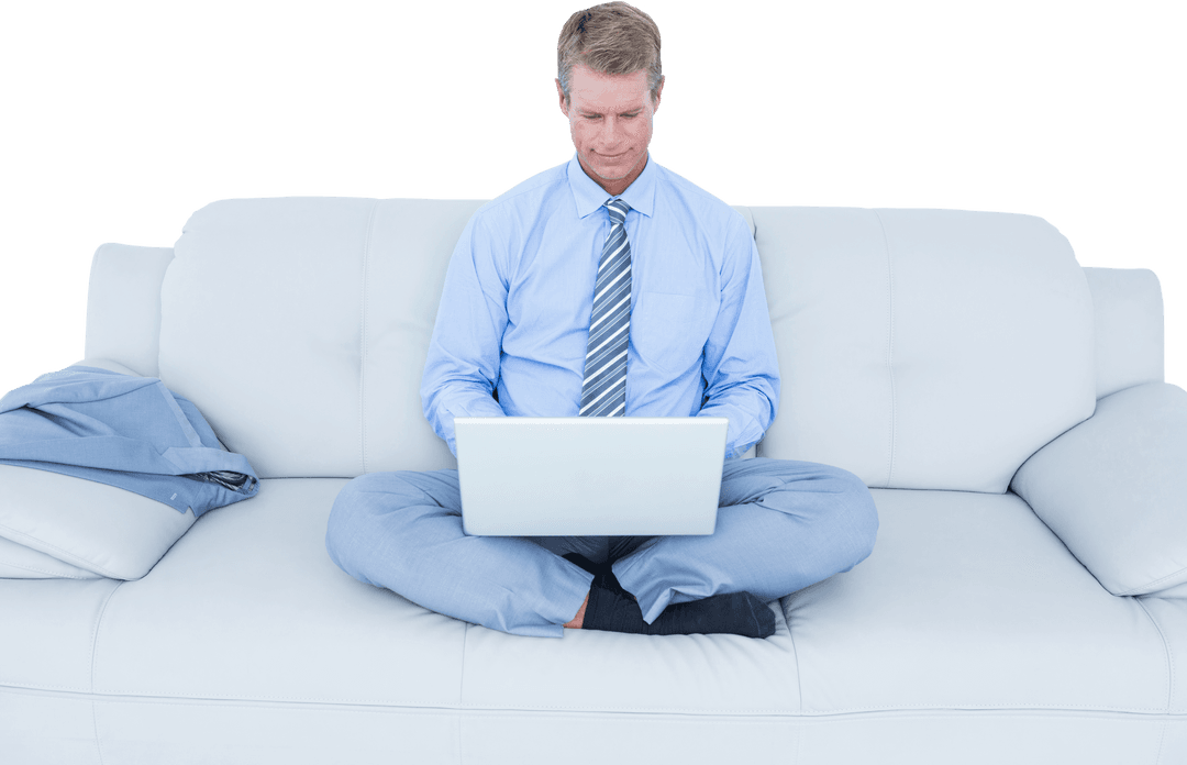 Businessman Relaxing on White Sofa Using Transparent Laptop