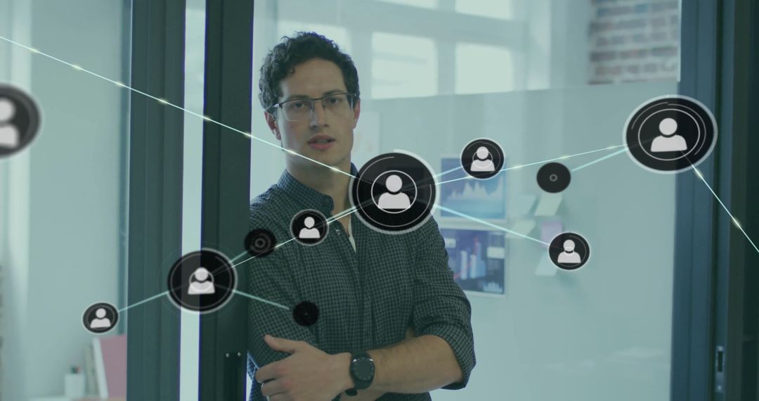 Businessman in Modern Office with Digital Connection Overlay