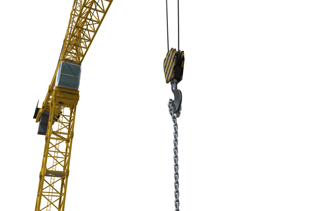 Yellow Construction Crane with Hook on Transparent Background