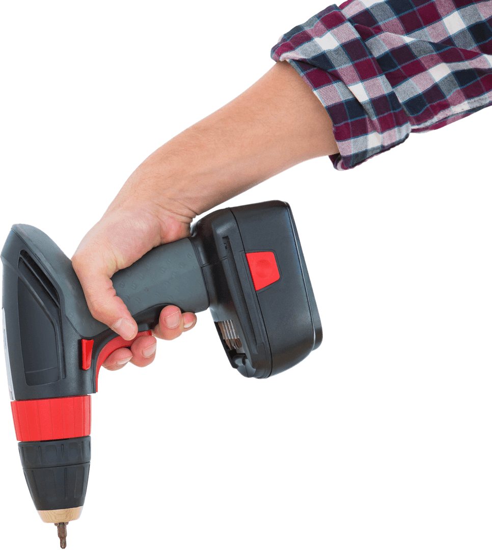 Hand Holding Cordless Drill Machine on Transparent Background