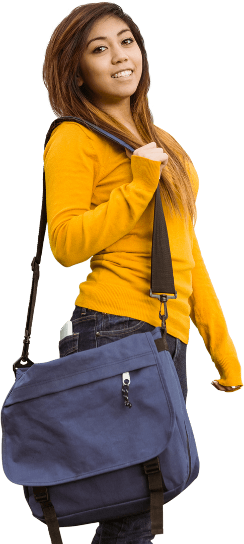 Smiling Asian Female Student with Bag Isolated on Transparent Background