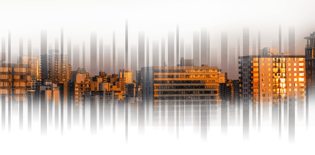 Digital cityscape with sunset glow on transparent background