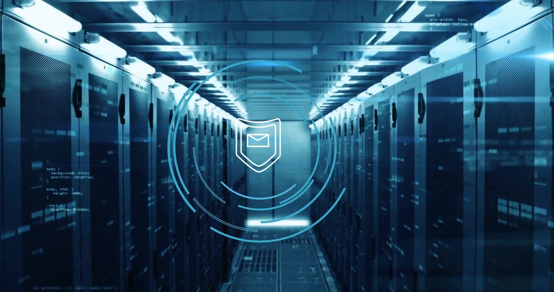 Cybersecurity Shield Icon on Modern Data Servers