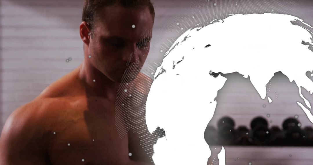Shirtless male athlete training with dumbbells and globe network graphic overlay