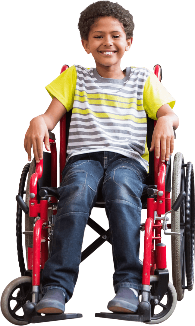 Smiling Child in Transparent Red Wheelchair on White Background