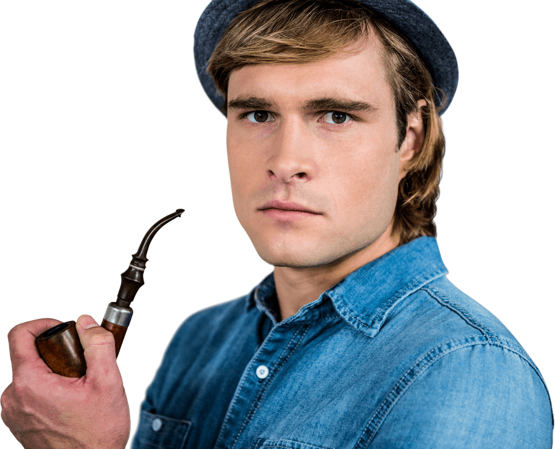 Transparent Portrait of Hipster Smoking Pipe in Casual Denim